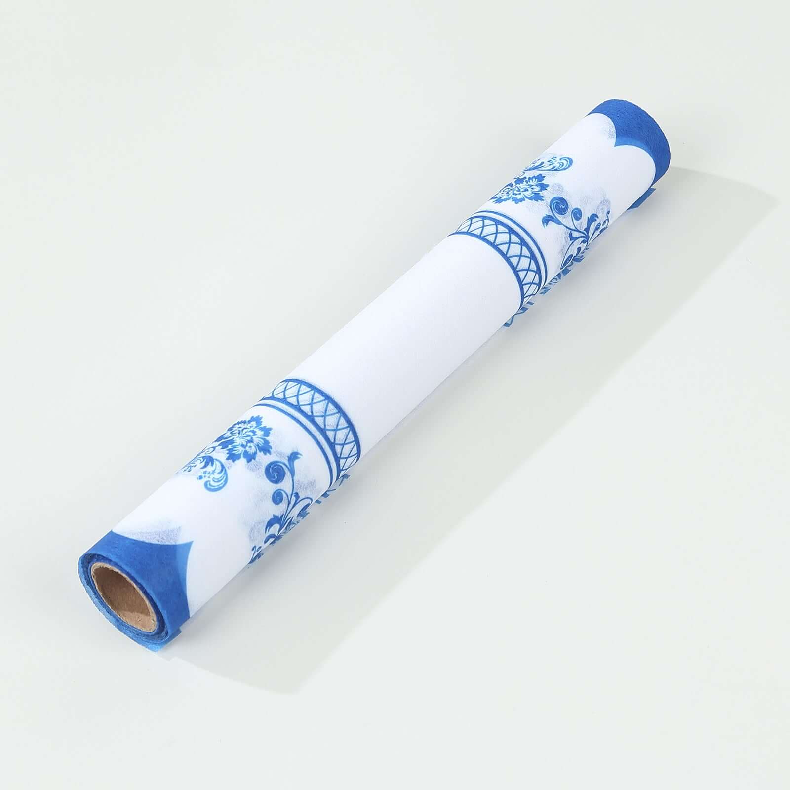 5 Pack Disposable Table Runners 11"x108" White with Blue Ornate Floral Prints - Non-woven Stylish Kitchen Dining Table Decor