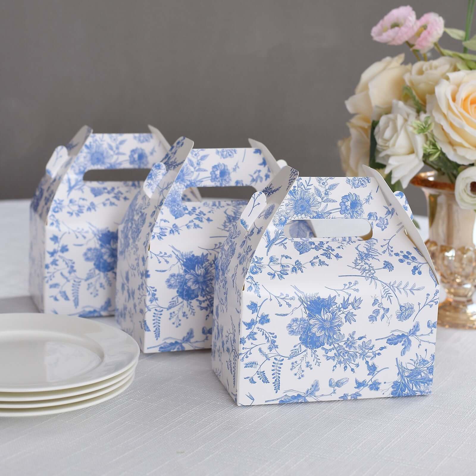 25 Pack White Blue Candy Gift Tote Gable Boxes in French Toile Pattern, Party Favor Treat Boxes - 6"x3.5"x7"