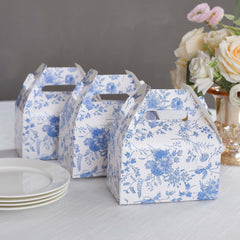 25 Pack White Blue Candy Gift Tote Gable Boxes in French Toile Pattern, Party Favor Treat Boxes - 6"x3.5"x7"