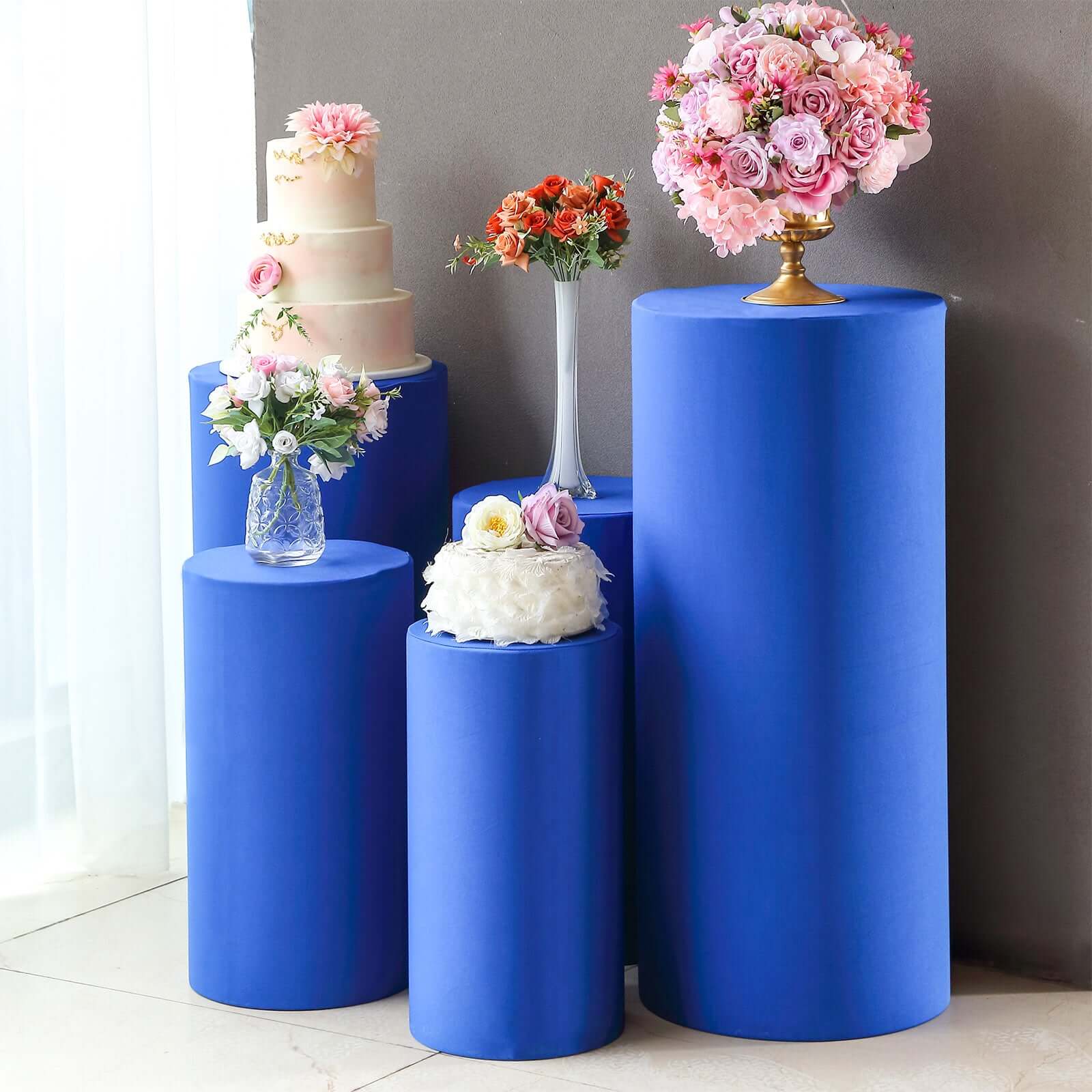 Set of 5 Royal Blue Spandex Cylinder Pedestal Stand Covers, Stretchable Pillar Prop Covers - 160 GSM