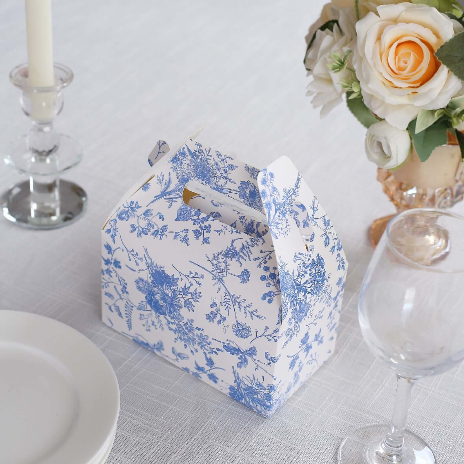 25 Pack White Blue Candy Gift Tote Gable Boxes in French Toile Pattern, Party Favor Treat Boxes - 6"x3.5"x7"