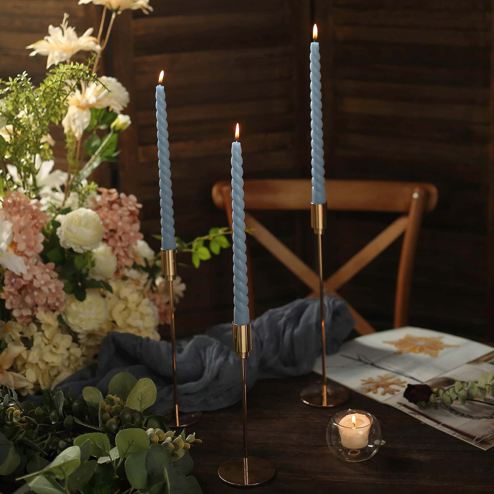 12-Pack Taper Candles Spiral Long Burn Wick Design Dusty Blue - Premium Unscented Wax Dinner Candle Sticks 11"