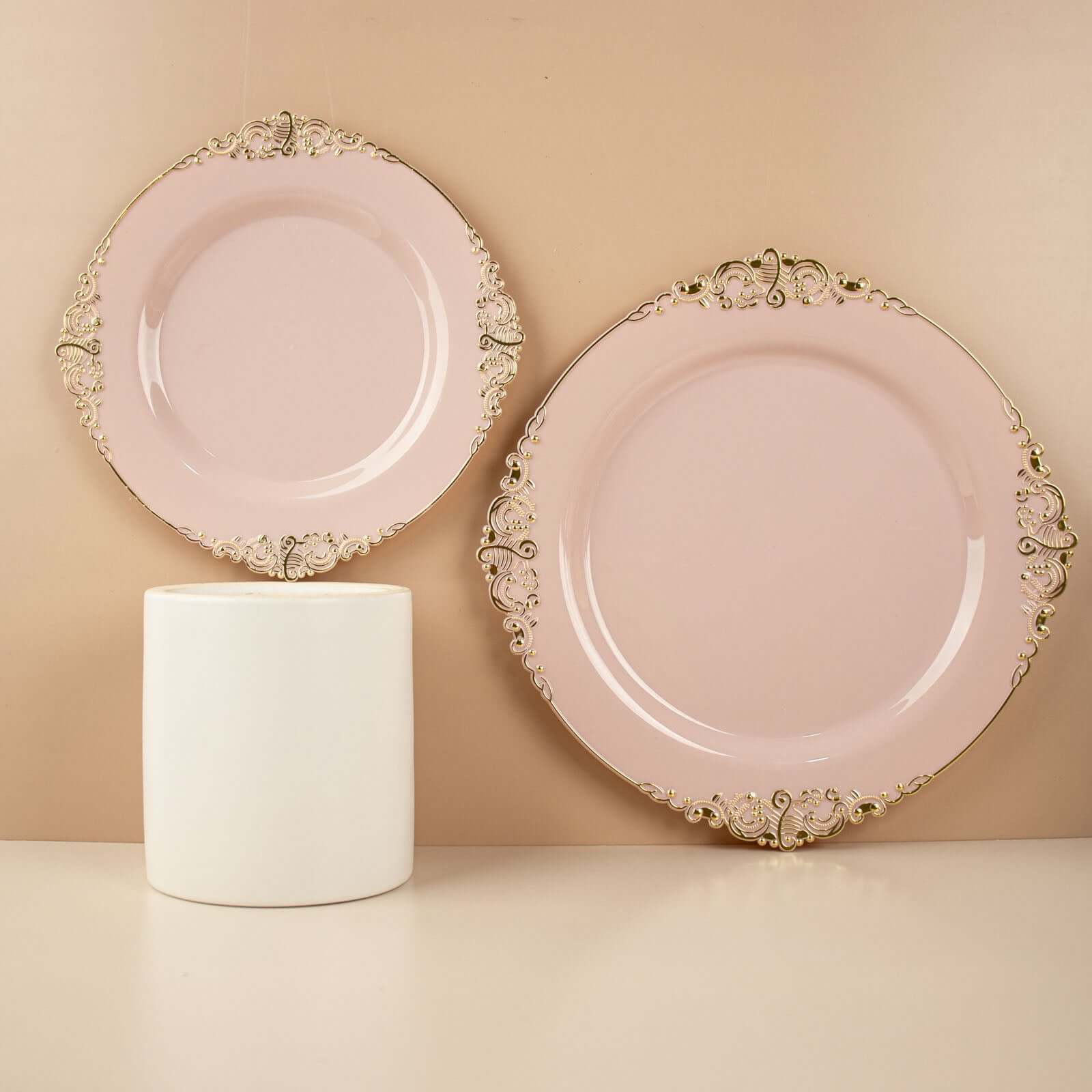 10-Pack Plastic 10" Round Dinner Plates in Blush with Gold Leaf Embossed Rim - Disposable Vintage Baroque Style Plates