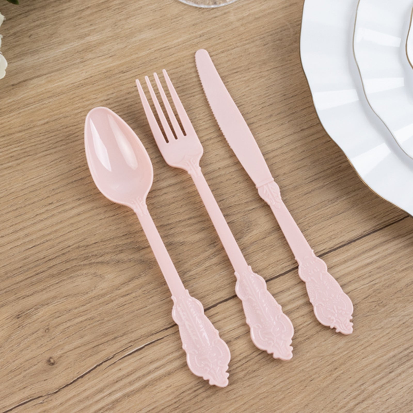 72 Pcs Plastic Silverware Set in Baroque Style Blush - Heavy Duty Disposable Knife, Fork, and Spoon Set