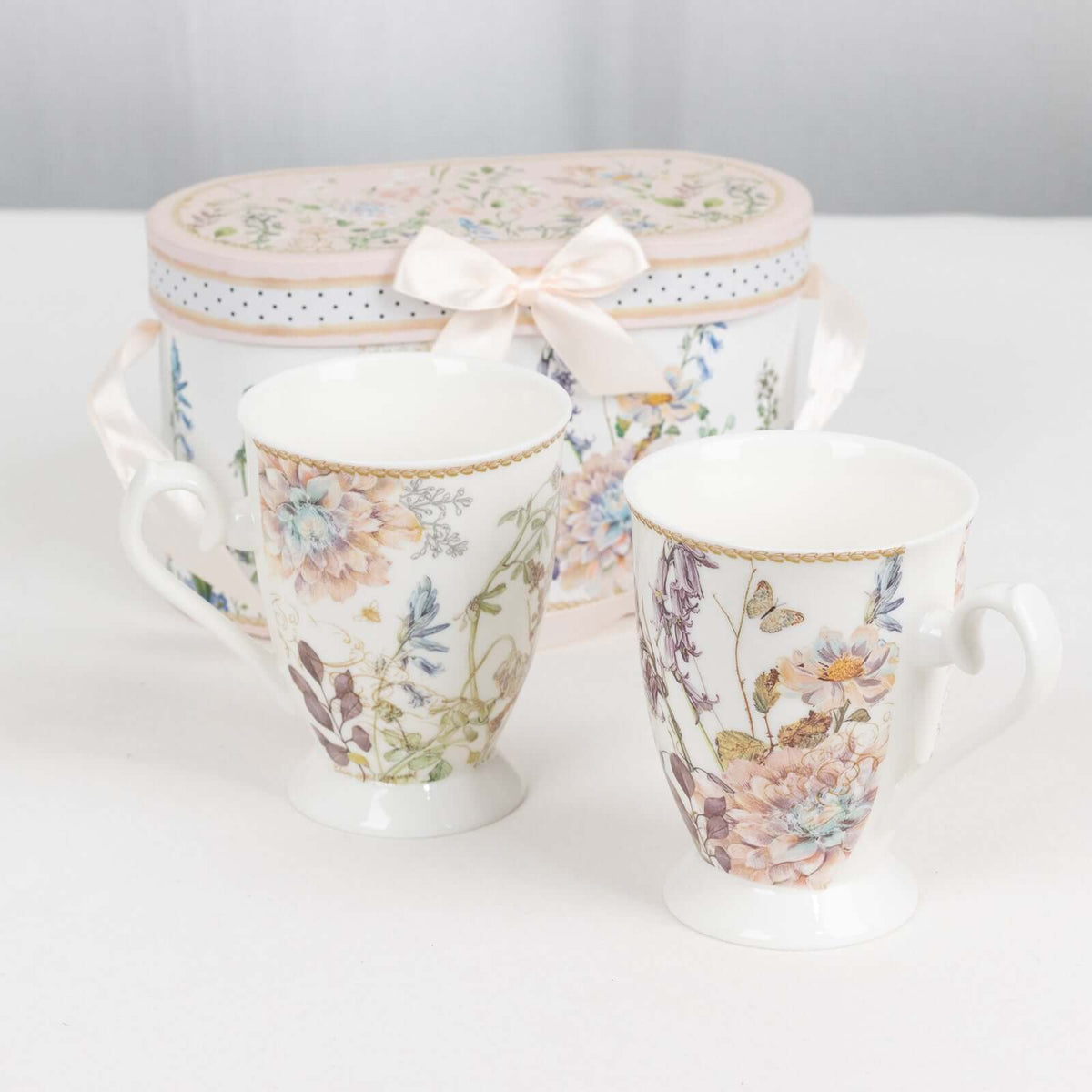 Blush Floral Design Bridal Shower Gift Set, 2 Pack Porcelain Tea Cups With Matching Keepsake Gift Box and Satin Ribbon Handle