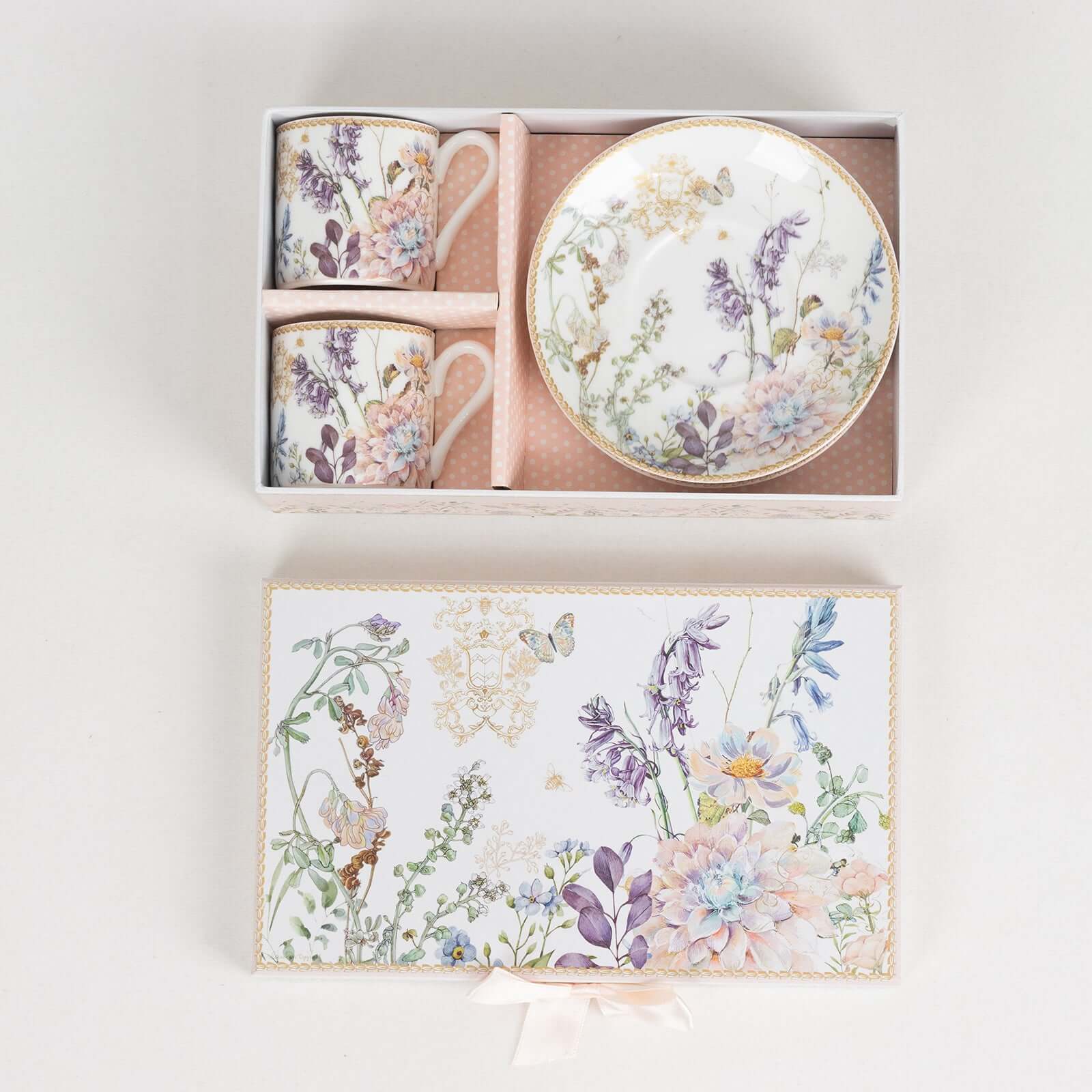 Blush Floral Design Bridal Shower Gift Set, Set of 2 Porcelain Espresso Cups and Saucers with Matching Keepsake Box