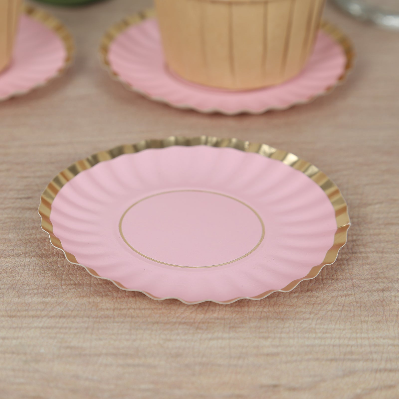 50-Pack Paper 3.5" Round Party Plates in Blush with Gold Scalloped Rim - Disposable Mini 250GSM Dessert Plates for Tapas, Appetizers & Finger Foods