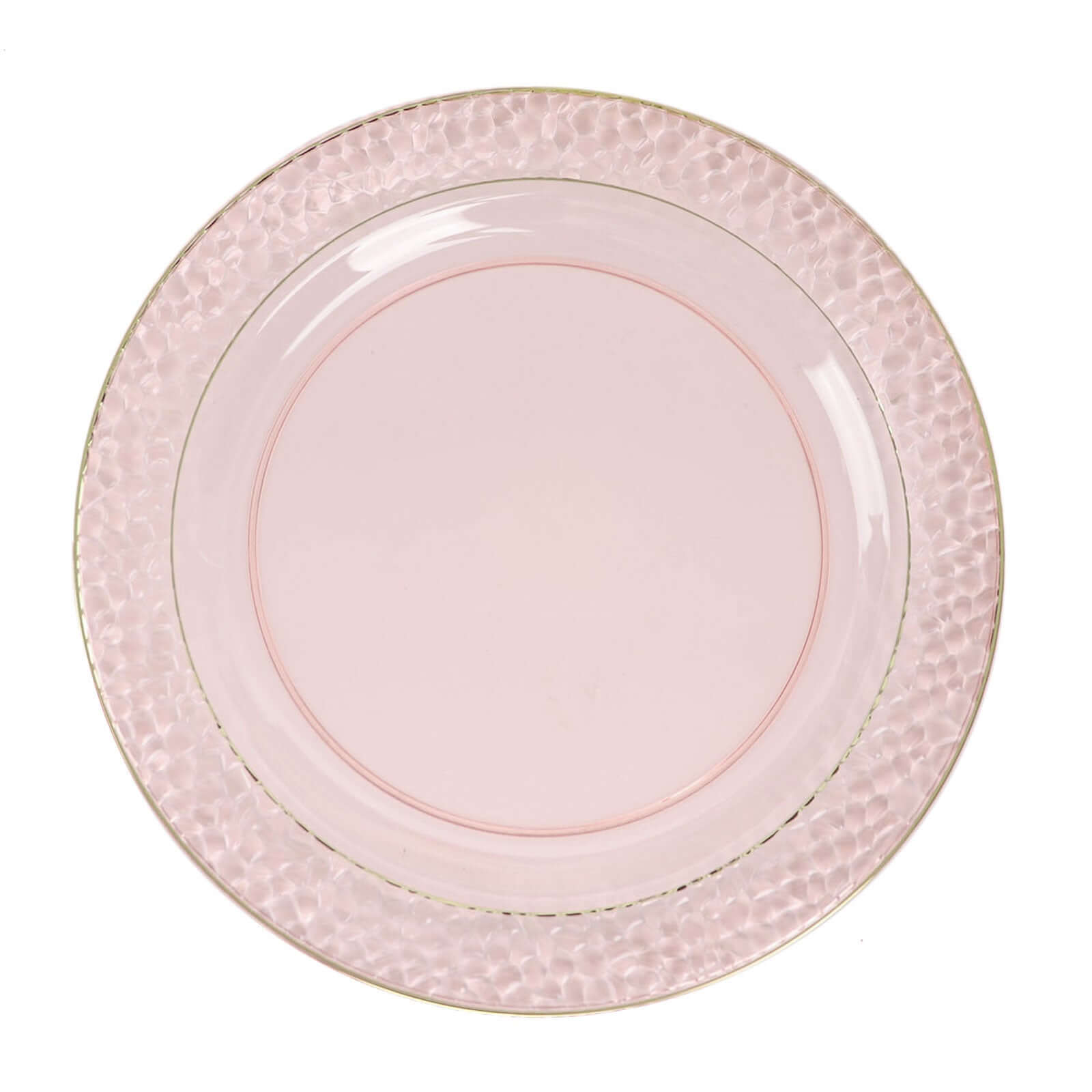 10-Pack Plastic 10" Round Dinner Plates in Blush Hammered Design with Gold Rim - Disposable Party Plates for Chic Banquets & Special Occasions