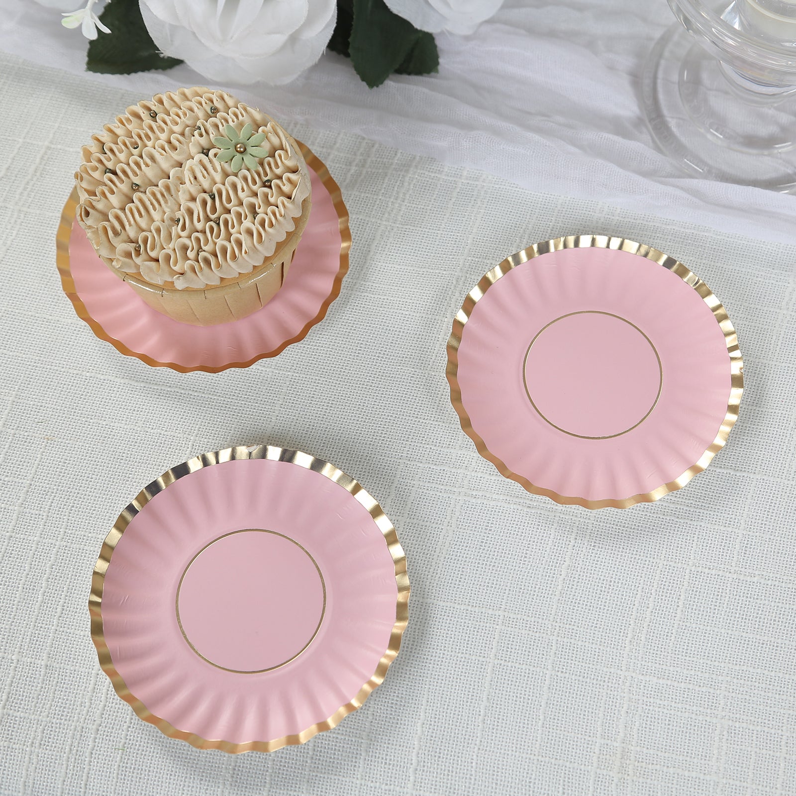50-Pack Paper 3.5" Round Party Plates in Blush with Gold Scalloped Rim - Disposable Mini 250GSM Dessert Plates for Tapas, Appetizers & Finger Foods