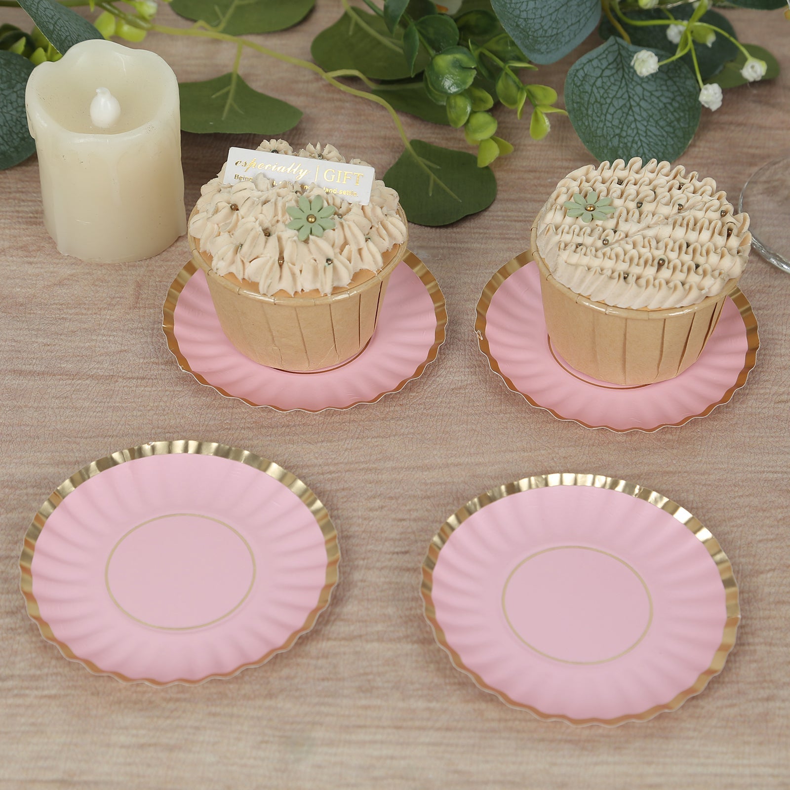 50-Pack Paper 3.5" Round Party Plates in Blush with Gold Scalloped Rim - Disposable Mini 250GSM Dessert Plates for Tapas, Appetizers & Finger Foods