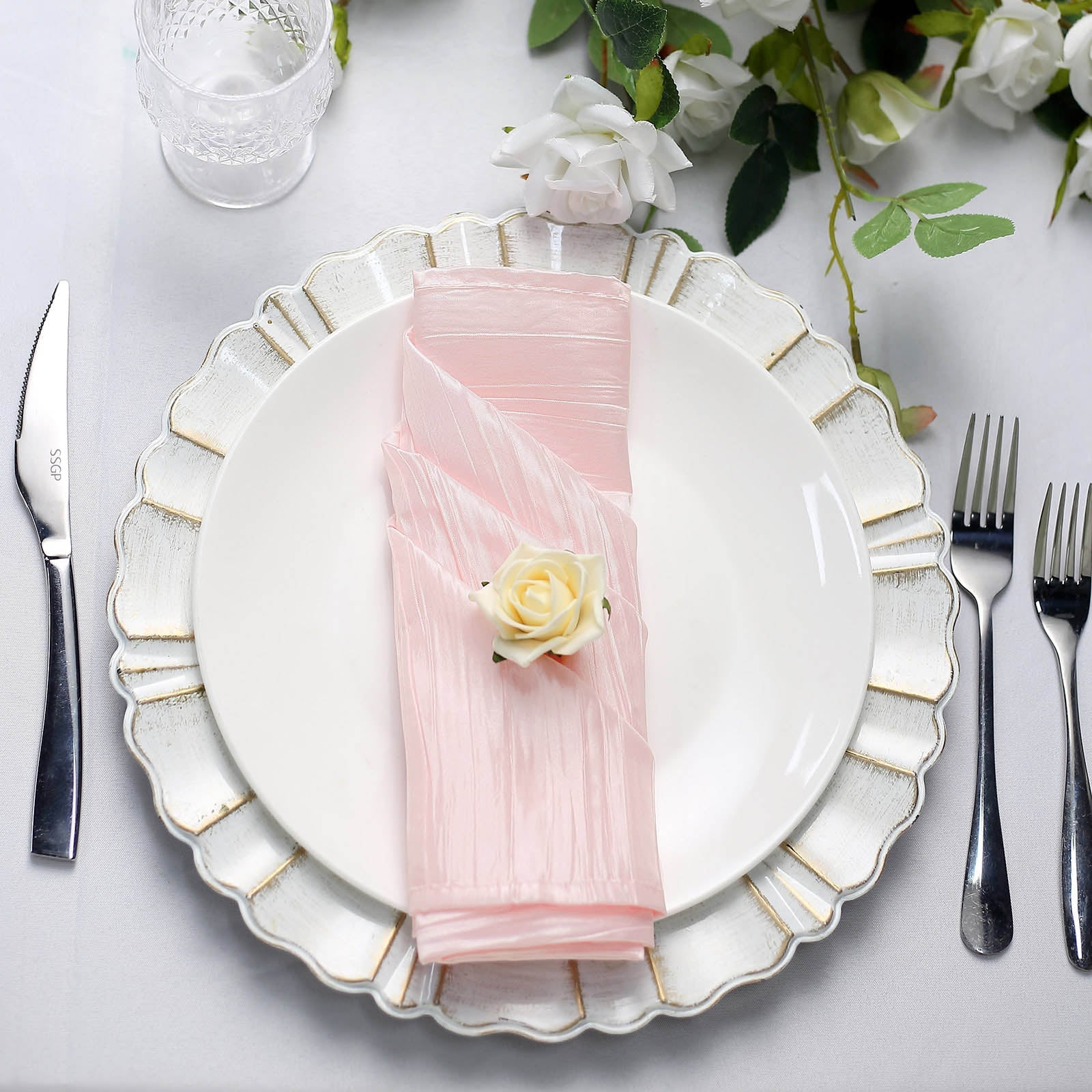 5 Pack Taffeta 20"x20" Napkins Blush - Accordion Crinkle Dinner Napkins