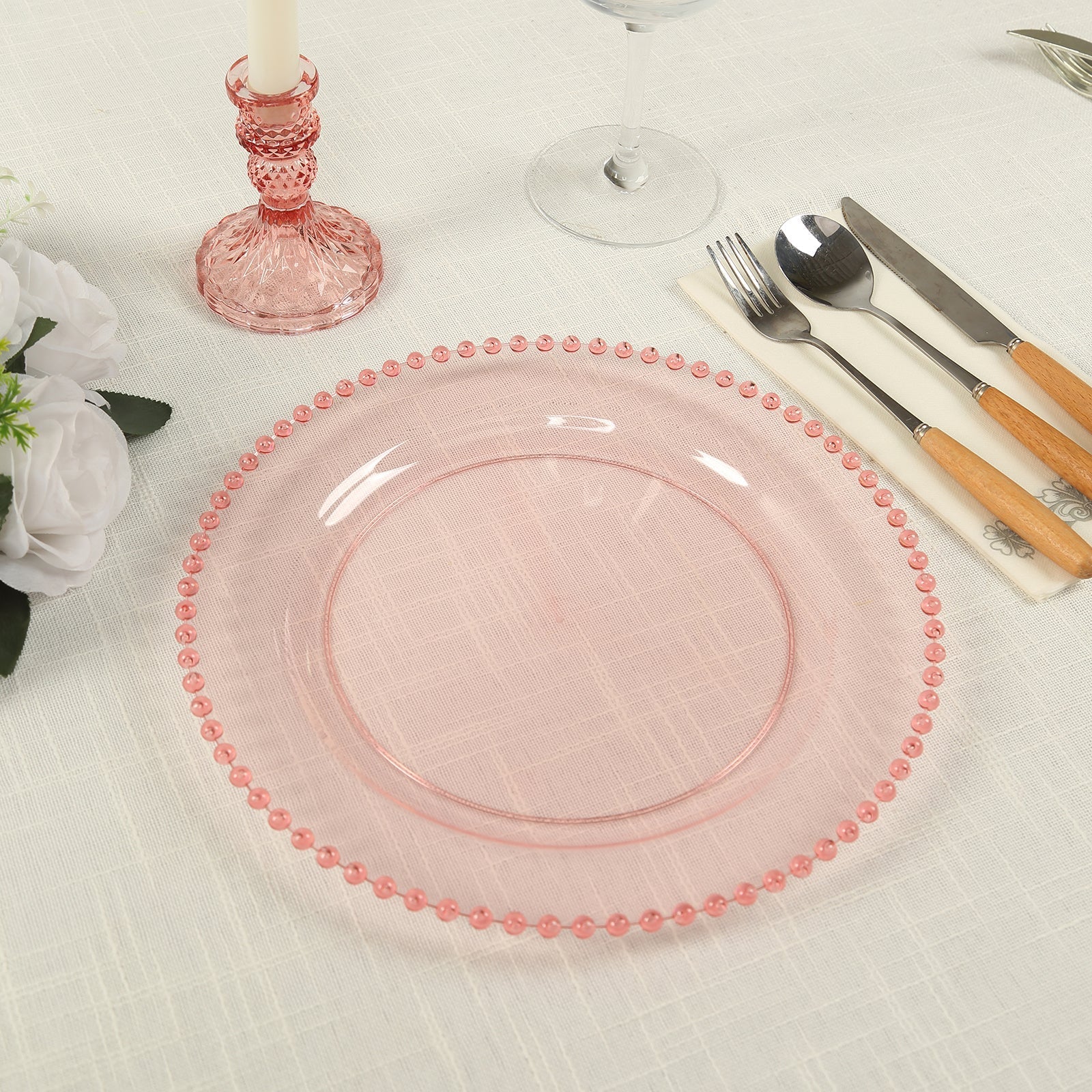 10-Pack Plastic 10" Round Dinner Plates in Transparent Blush with Beaded Rim - Disposable Party Plates for Banquets & Festive Occasions