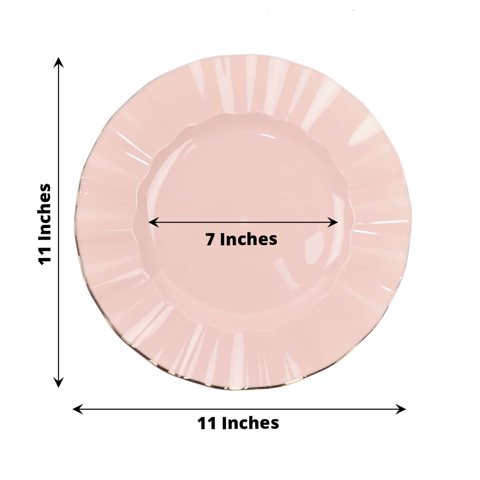 10-Pack Plastic 11" Round Dinner Plates in Blush Ruffled Rim with Gold Edging - Sturdy Disposable Dinnerware