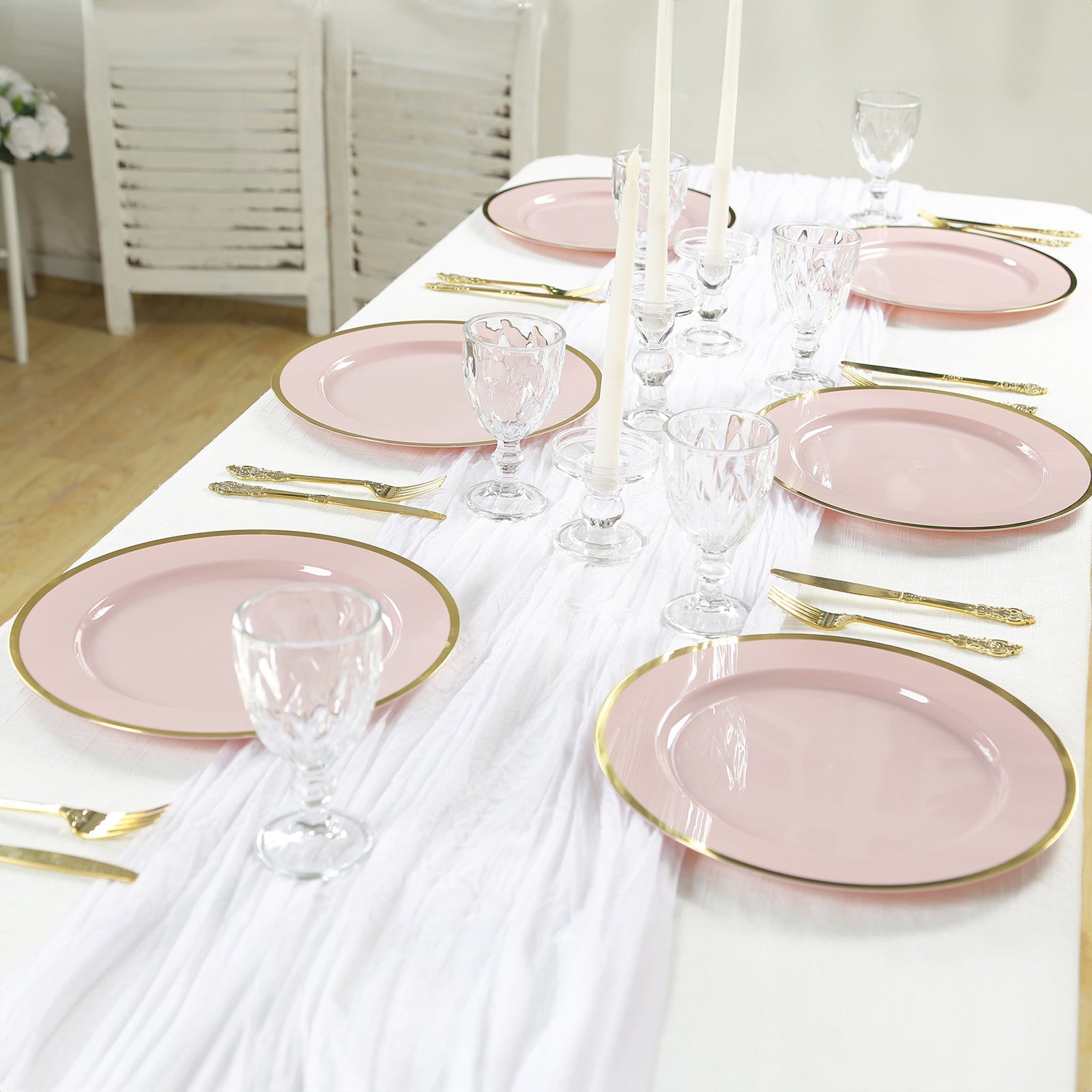 10-Pack Economy Plastic Round Charger Plates 12" in Blush with Wide Gold Rim, Decorative Dinner Party Serving Plates