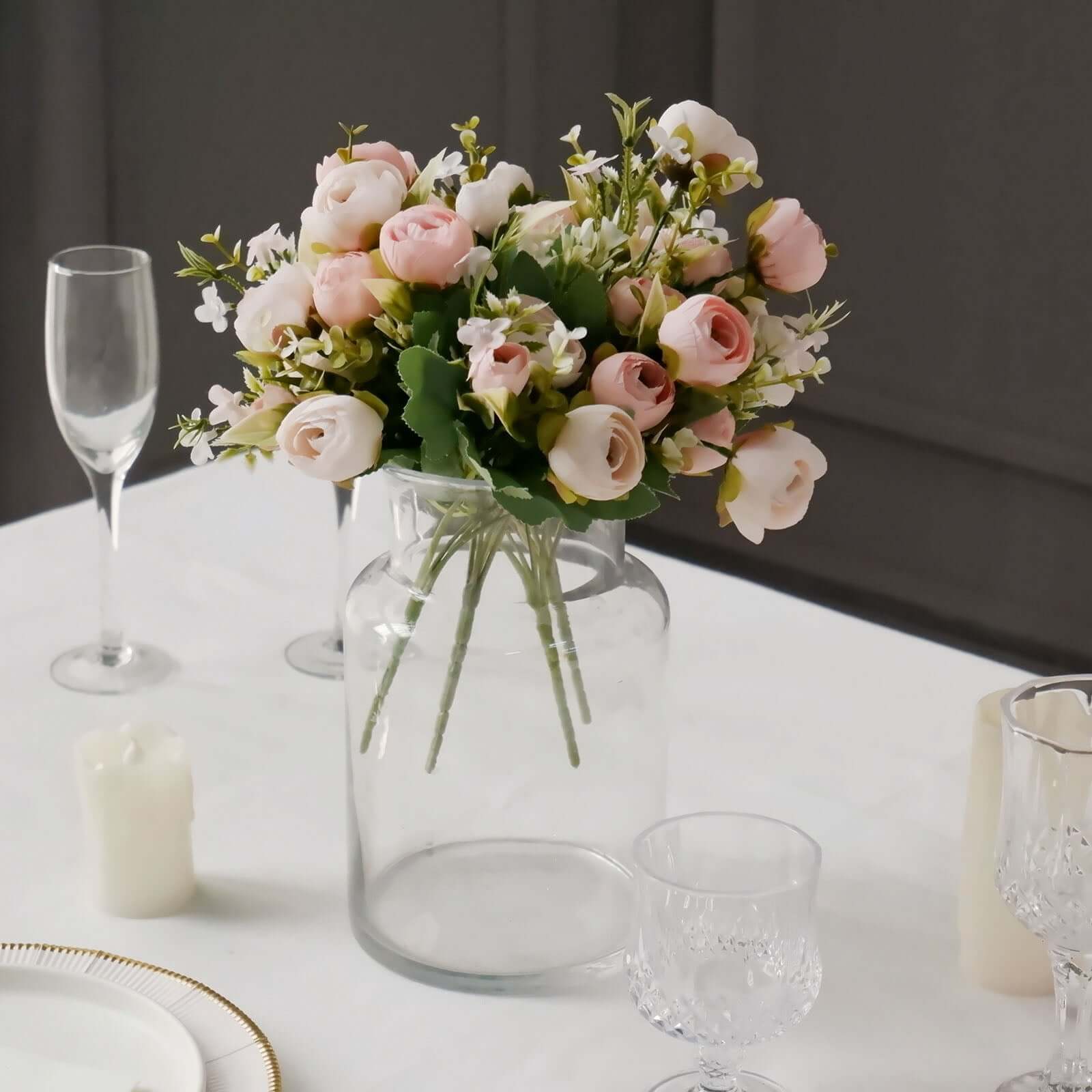 4 Pack 12" Artificial Blush Ranunculus Silk Flower Bridal Bouquets, Faux Buttercup Floral Arrangement