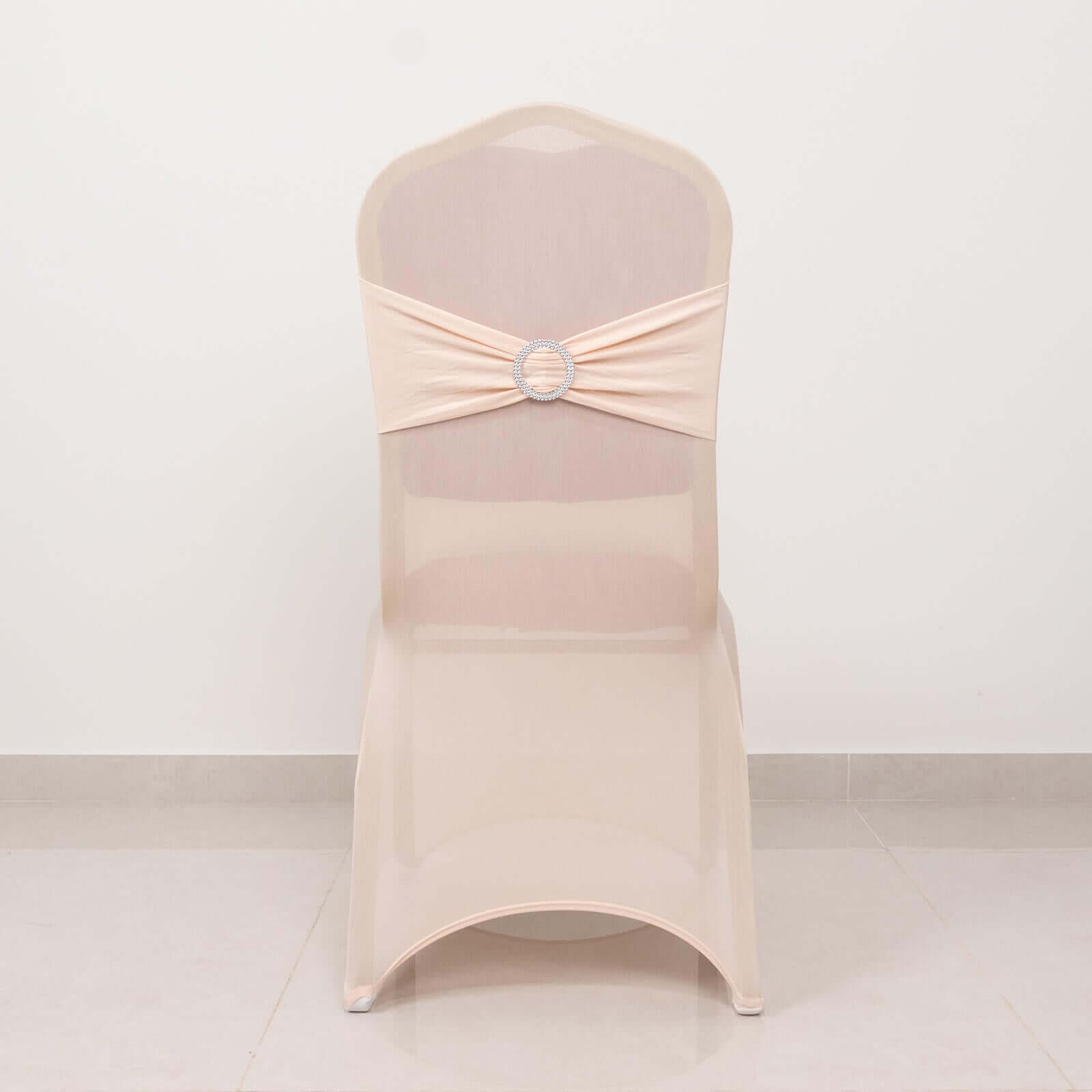 Spandex Chair Cover with Silver Rhinestone Buckled Sash Band Blush - Stretch Fitted Slipcover
