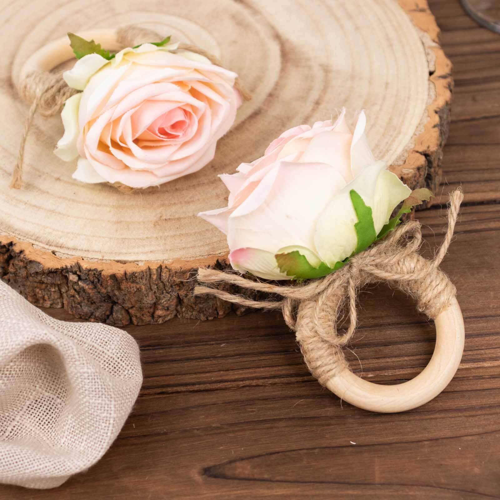 4 Pack Blush Artificial Rose Flower Wooden Napkin Holders, Farmhouse Country Floral Napkin Rings - 4"