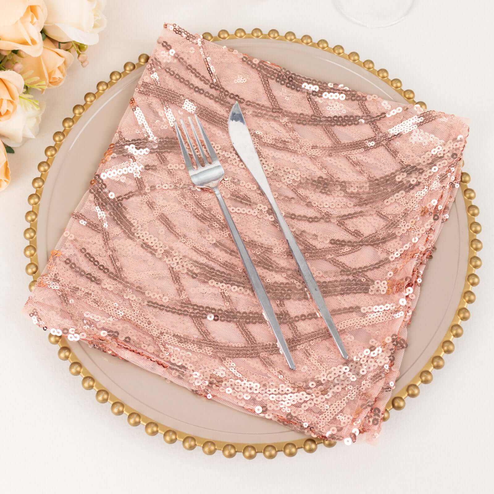 Sequin Mesh 20"x20" Napkin Blush - Wave Embroidered Reusable Napkin