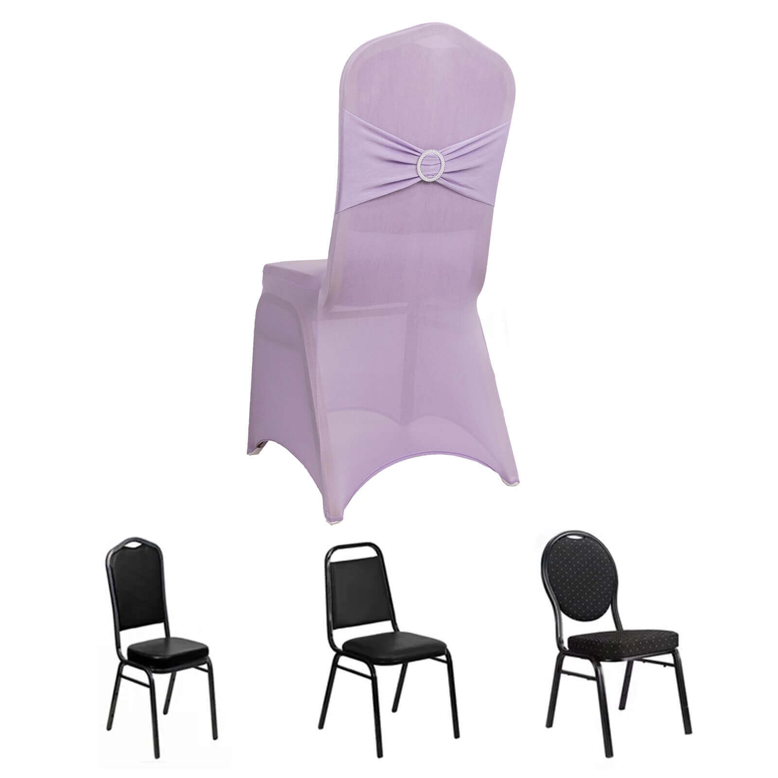 Spandex Chair Cover with Silver Rhinestone Buckled Sash Band Lavender Lilac - Stretch Fitted Slipcover