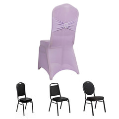 Spandex Chair Cover with Silver Rhinestone Buckled Sash Band Lavender Lilac - Stretch Fitted Slipcover