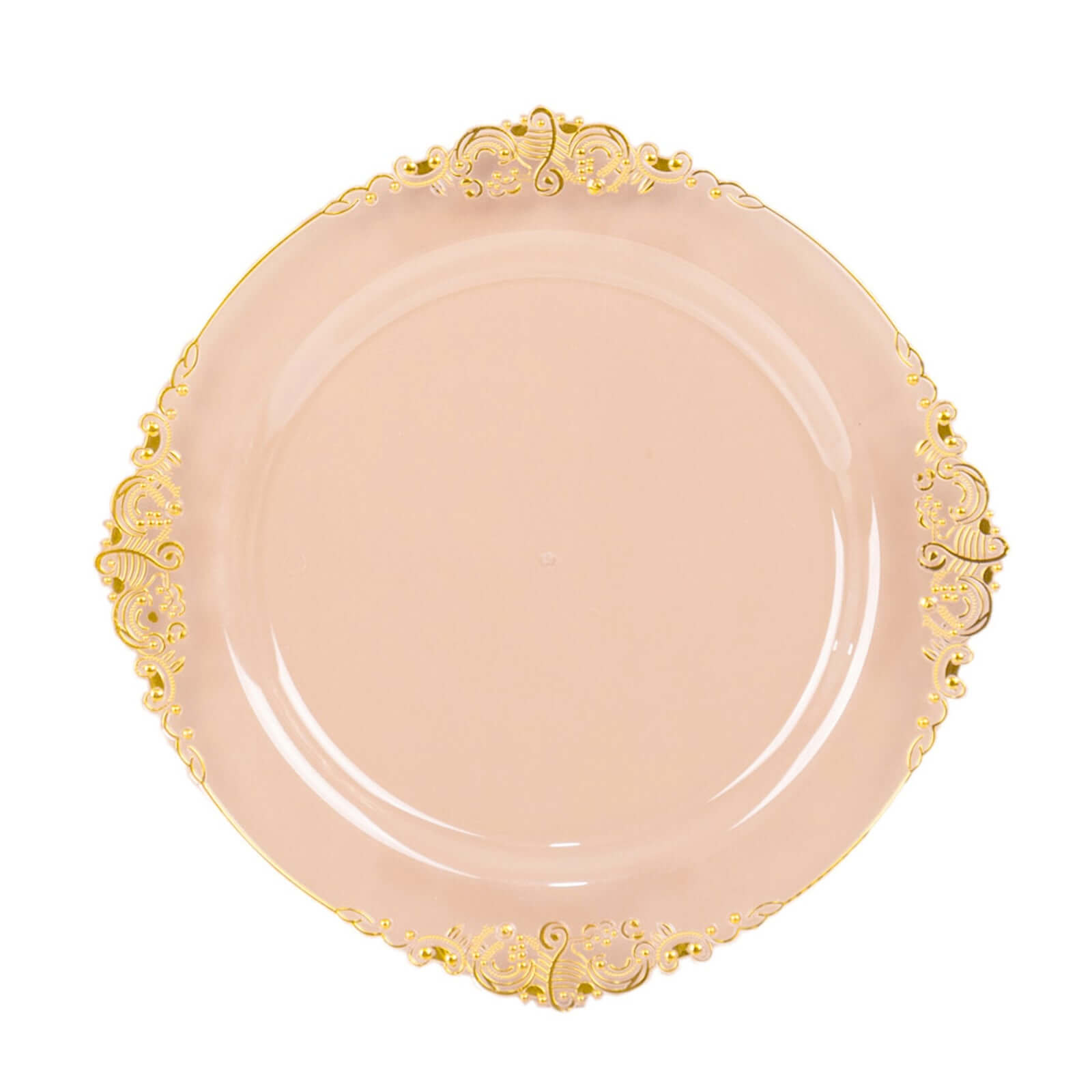 10-Pack Plastic 10" Round Dinner Plates in Transparent Blush with Gold Leaf Embossed Rim - Disposable Vintage Baroque Style Plates