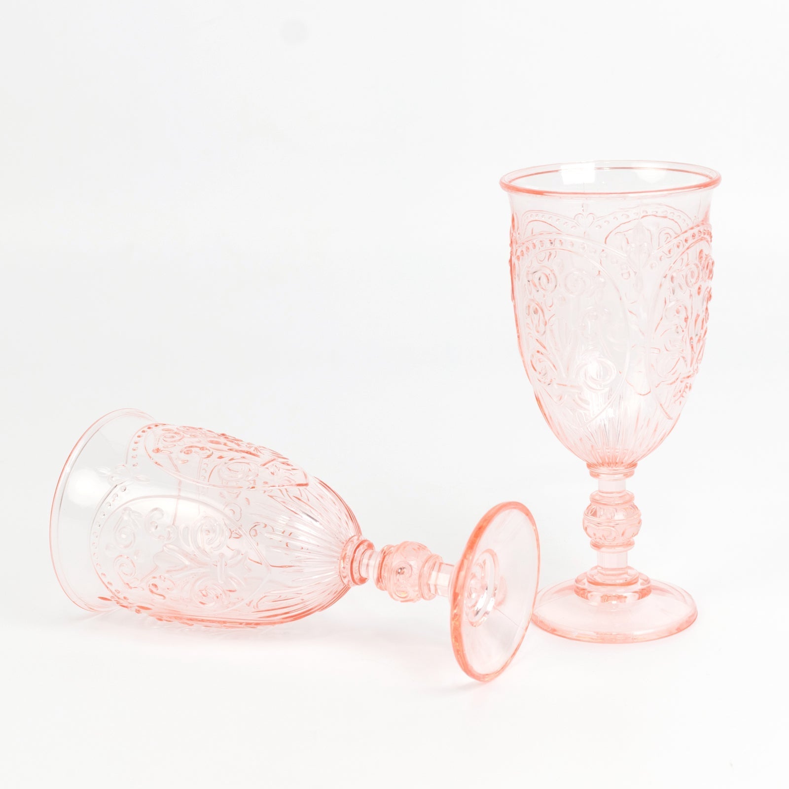 24-Pack Plastic Wine Glasses 10oz – Transparent Blush Vintage Goblets with Retro Embossed Design, Elegant Drinkware - 7" Tall