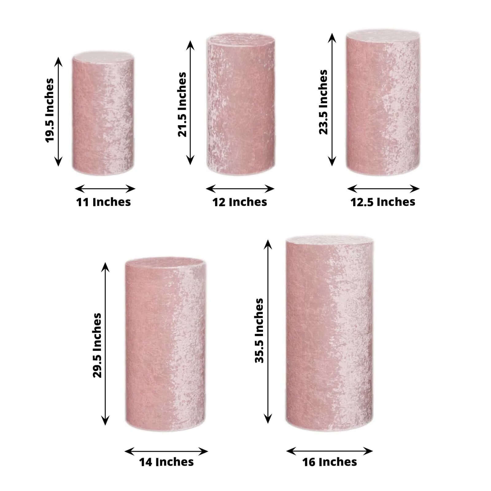 Set of 5 Blush Crushed Velvet Cylinder Pedestal Stand Covers, Premium Pillar Prop Covers