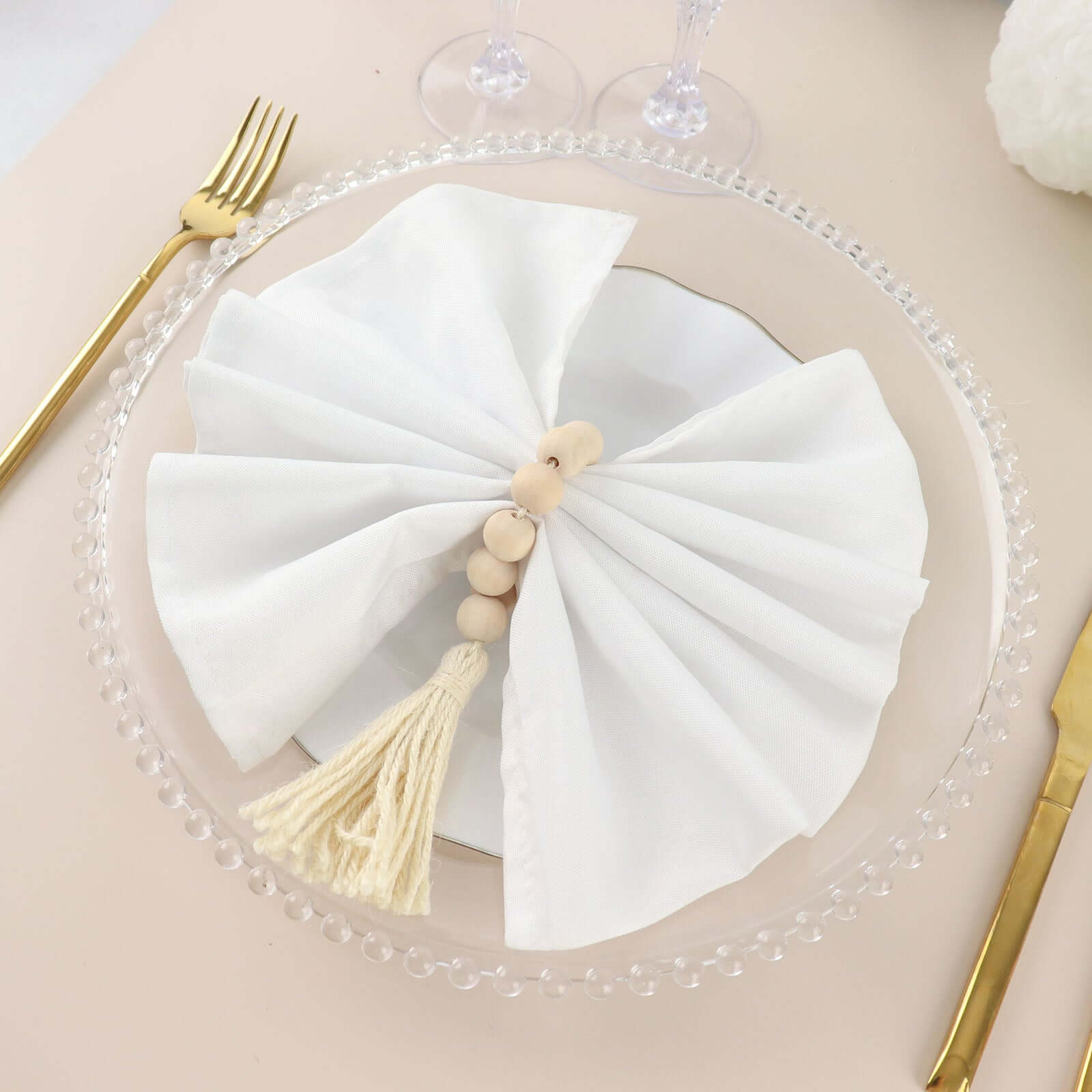 4 Pack 6" Cream Rustic Boho Chic Wood Bead Napkin Rings With Tassels, Farmhouse Country Napkin Holders