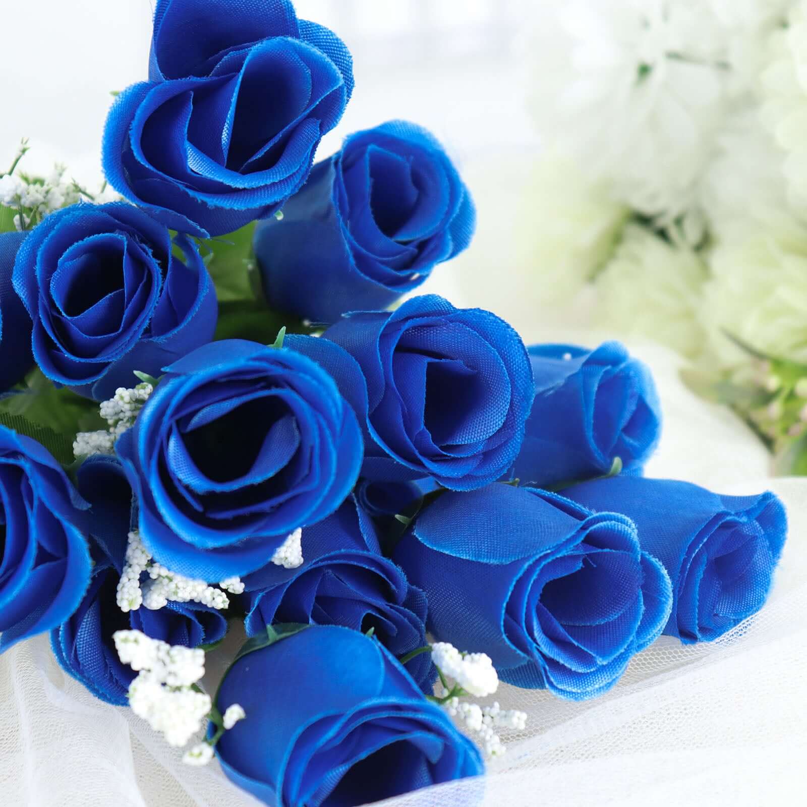 12 Bushes Royal Blue Artificial Premium Silk Flower Rose Bud Bouquets