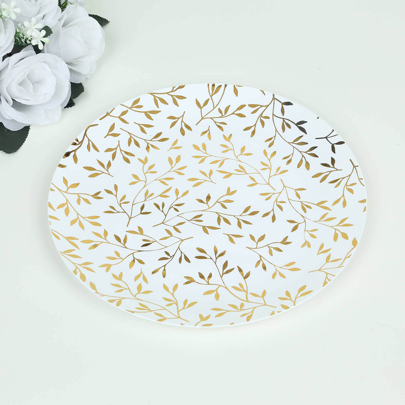 10-Pack Plastic 10" Round Dinner Plates in White with Gold Leaf Design - Heavy Duty Disposable Party Plates for Stylish Events & Memorable Gatherings