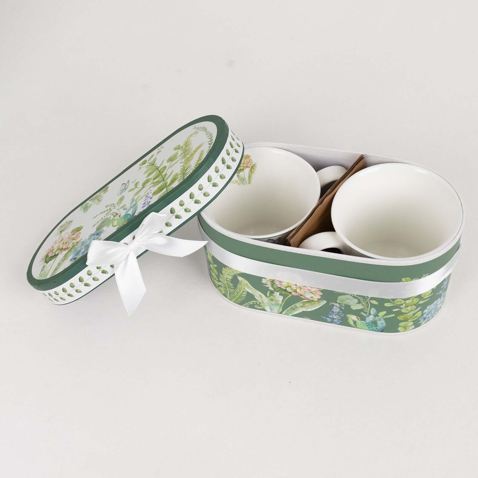 Greenery Theme Bridal Shower Gift Set, 2 Pack Porcelain Tea Cups With Matching Keepsake Gift Box and Satin Ribbon Handle
