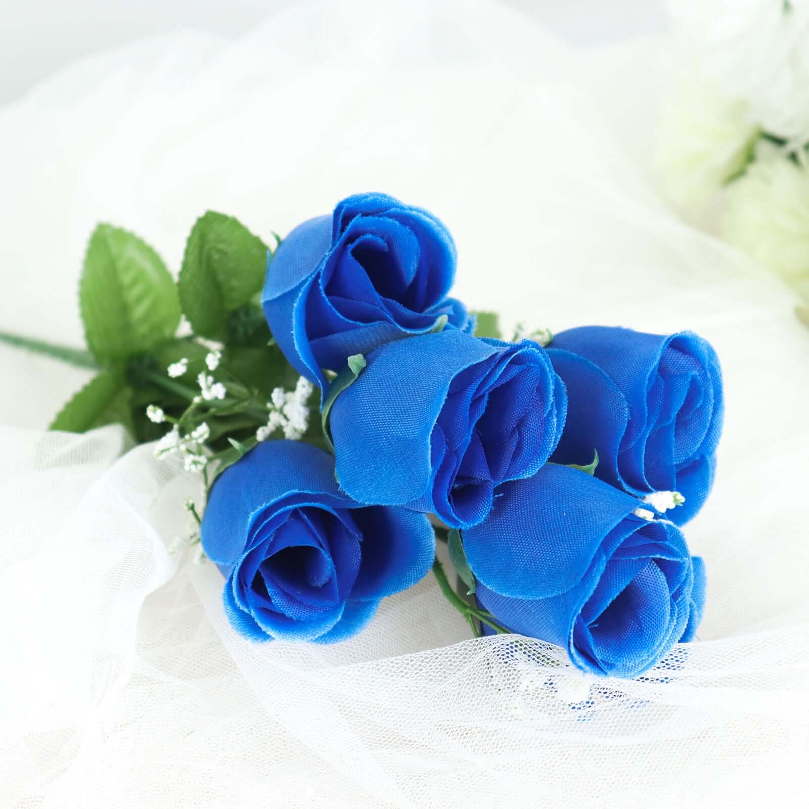 12 Bushes Royal Blue Artificial Premium Silk Flower Rose Bud Bouquets