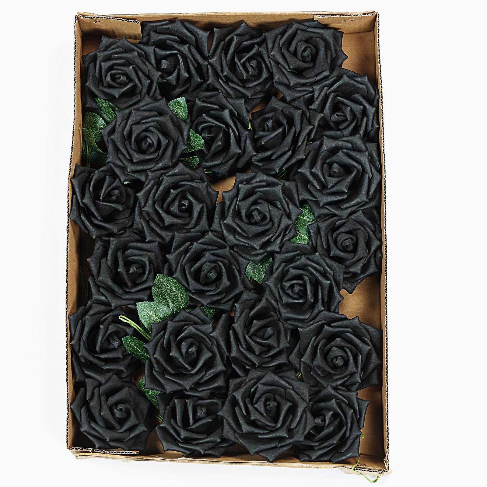 24 Roses 5" Black Artificial Foam Flowers With Stem Wire and Leaves