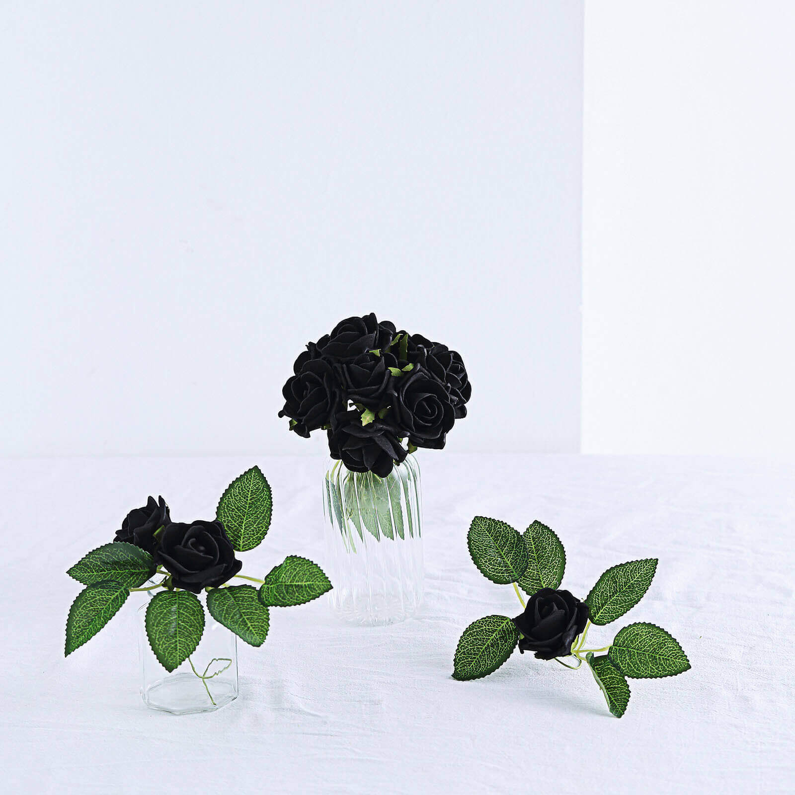 24 Roses 2" Black Artificial Foam Flowers With Stem Wire and Leaves