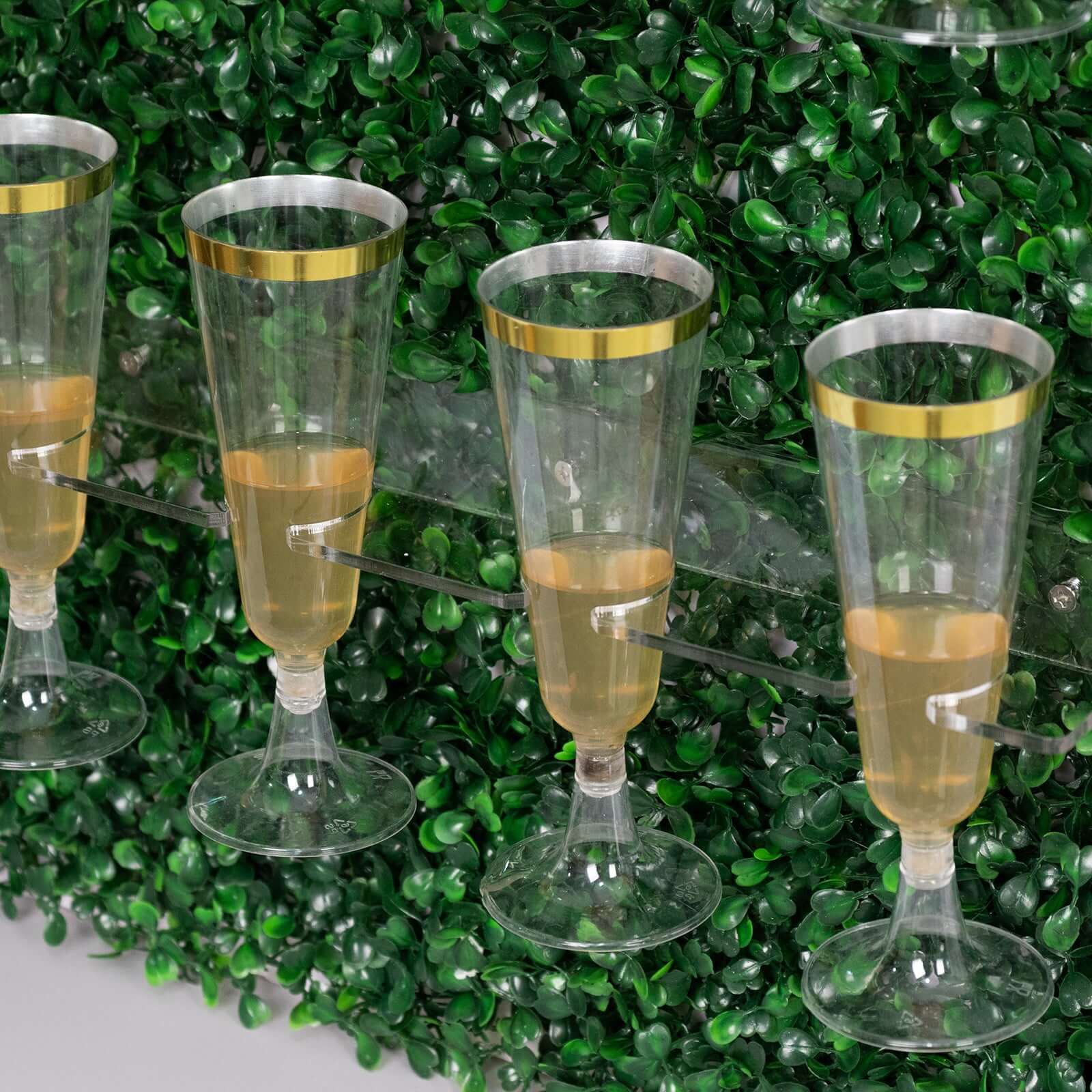 Set of 3 Champagne Wall Glass Holder Green - Tiered Faux Boxwood Stemware Rack Cocktail Display Drink Organizer for Classy Events & Banquets 24", 33", 42"