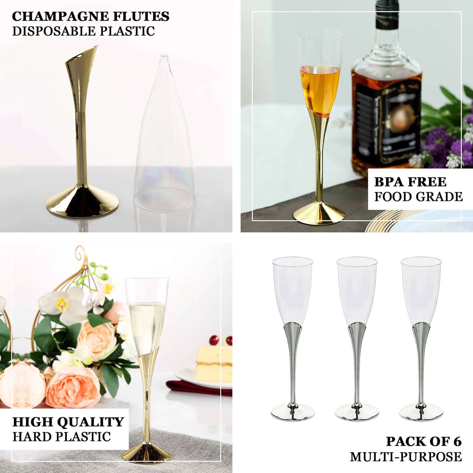 6-Pack Plastic Champagne Flutes Clear/Gold - Stylish Disposable Glasses for Toasts 5oz