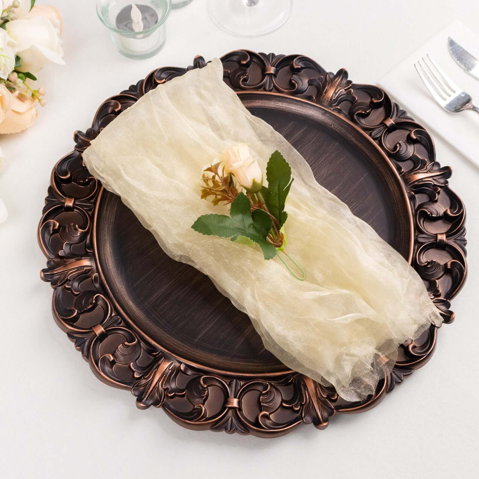 5 Pack Crinkled Organza 21"x21" Napkins Champagne - Rustic Style Dinner & Party Napkins