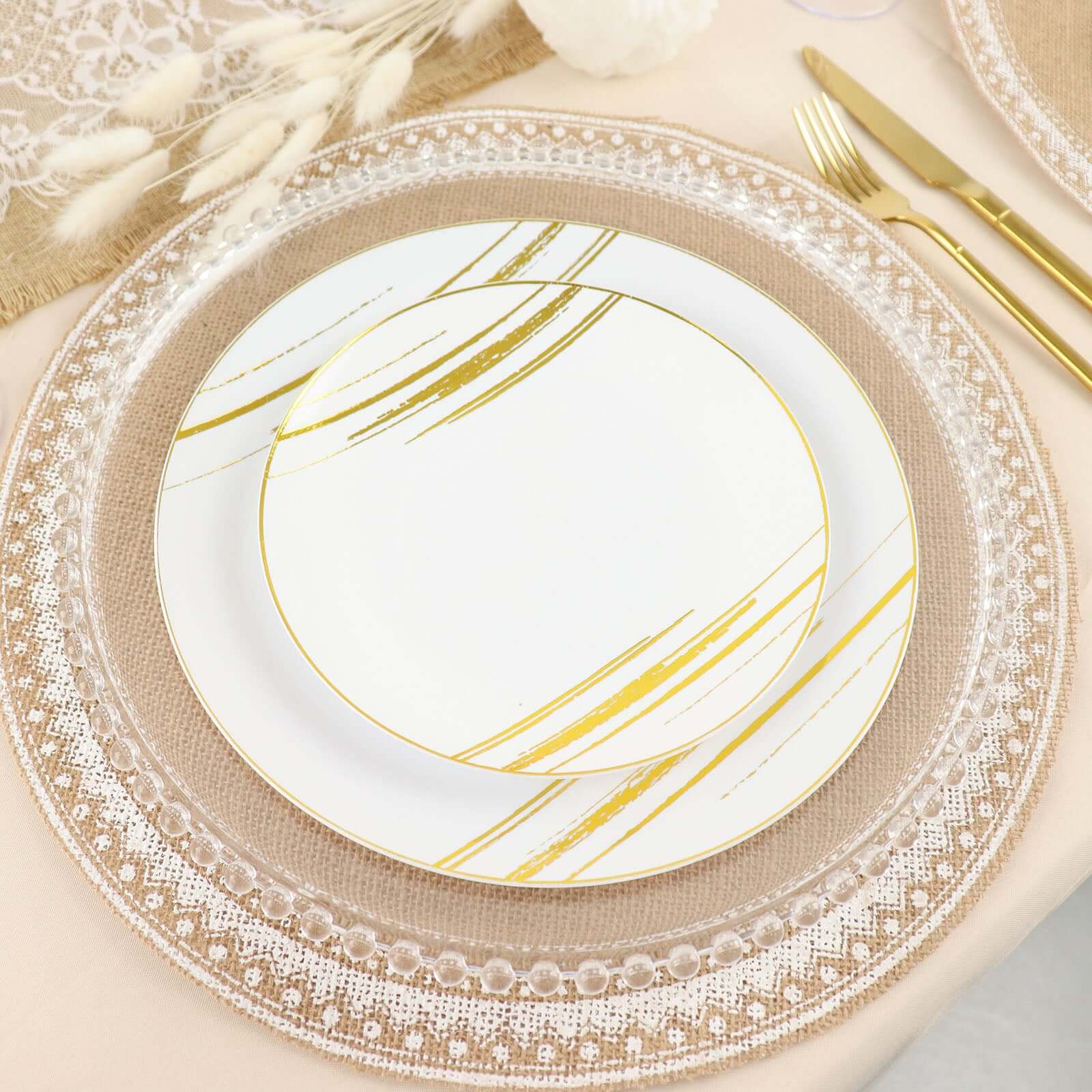 4-Pack Placemats Braided Design Natural Jute and White Round - Rustic Burlap Woven Table Mats 15"