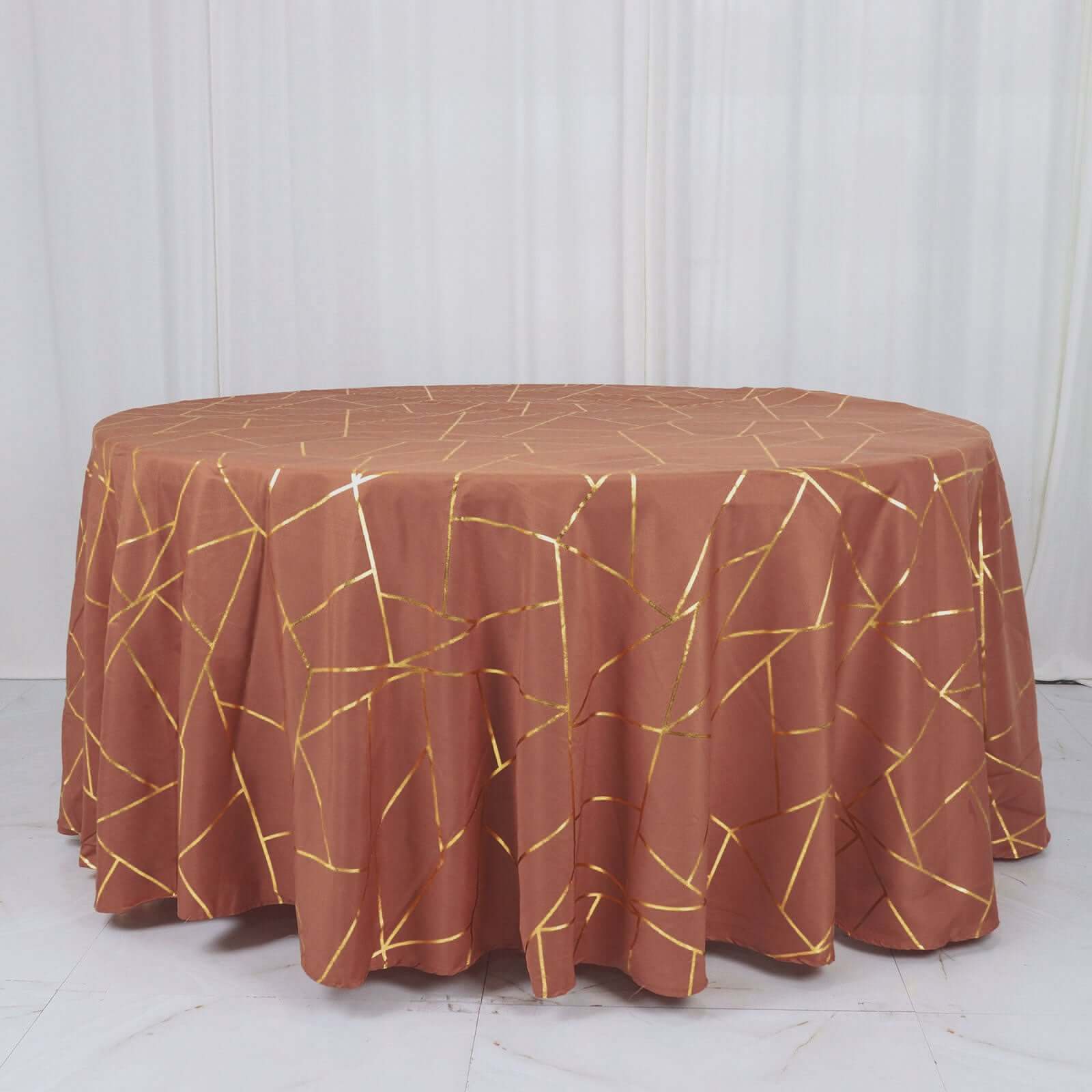 Polyester 120" Round Tablecloth Terracotta (Rust) with Gold Foil Geometric Pattern Wrinkle-Resistant Seamless Table Cover