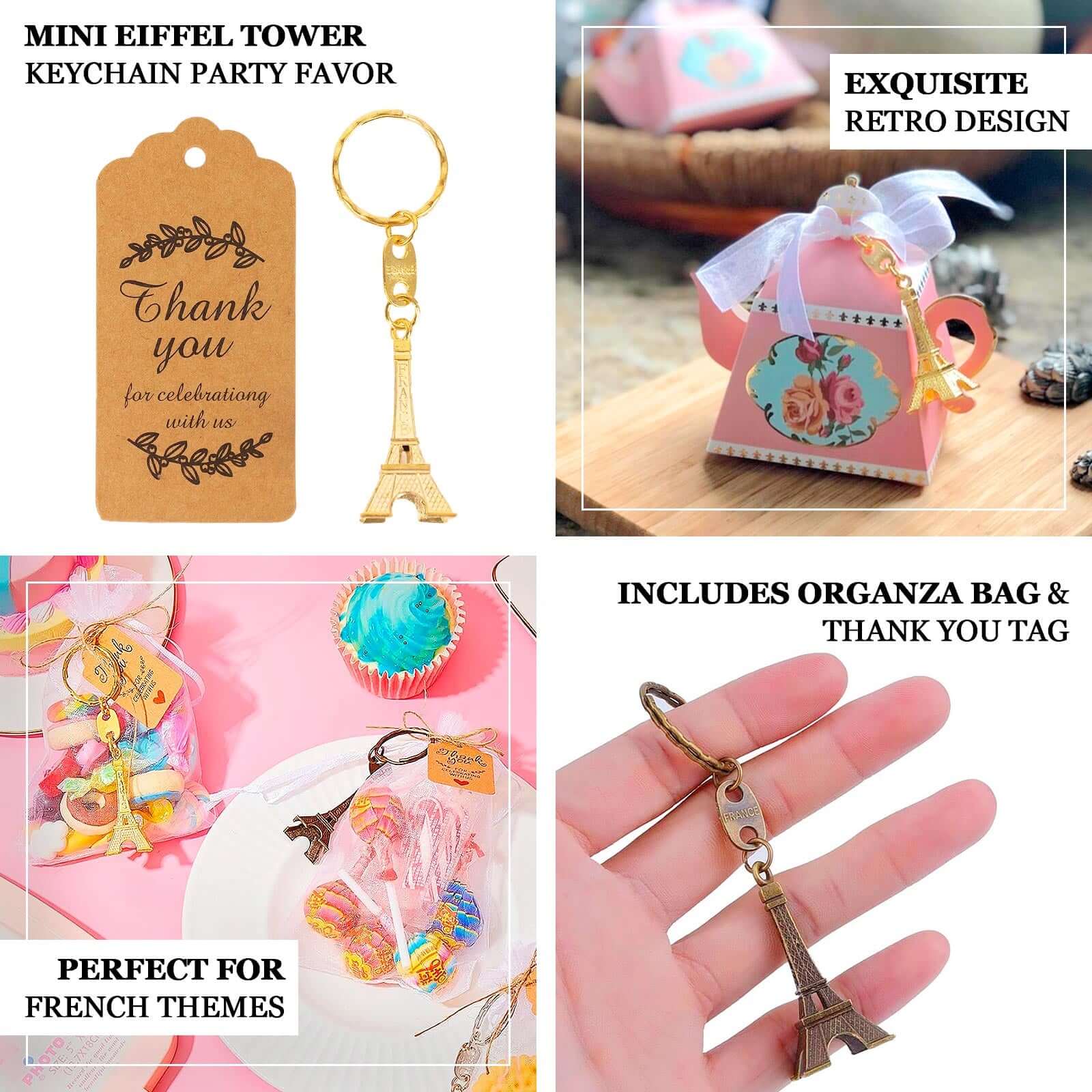 10 Pack Silver Plastic Paris Eiffel Tower Keychain Wedding Favors, 4" Bridal Shower Party Souvenirs With Thank You Tag