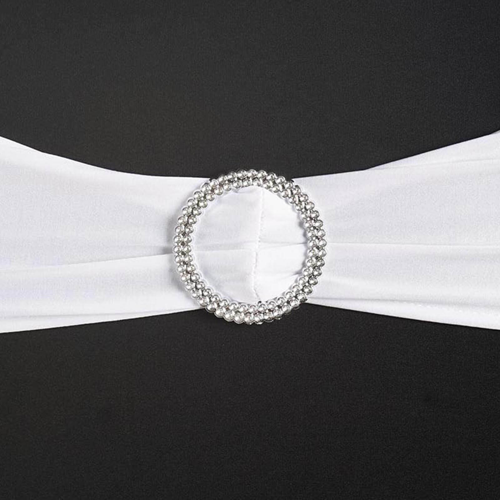 5 Pack Stretch Spandex Chair Sashes White - Classy Reusable Chair Bands with Silver Diamond Ring Slide Buckle 5"x14"