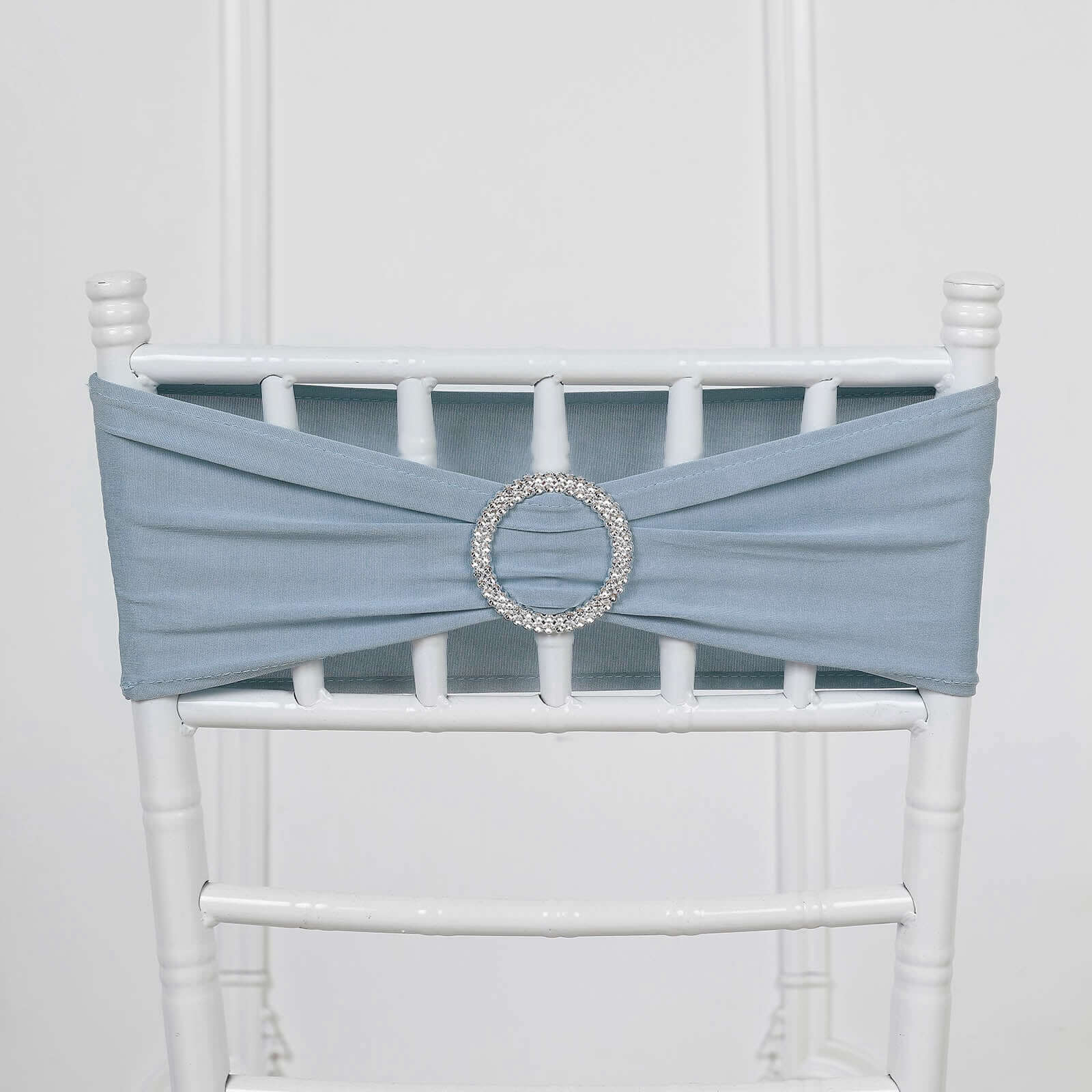 5 Pack Stretch Spandex Chair Sashes Dusty Blue - Reusable Chair Bands with Silver Diamond Ring Slide Buckle 5"x14"