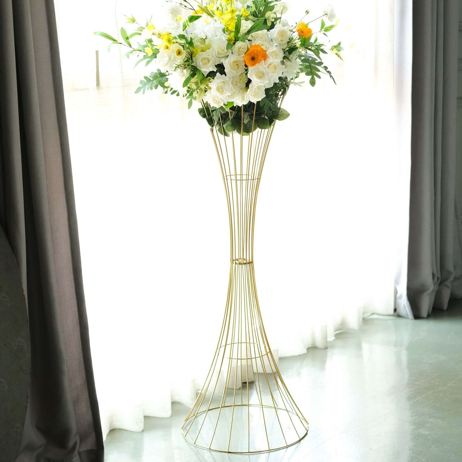 48" Tall Gold Metal Wire Hourglass Flower Frame Stand, Open Frame Reversible Trumpet Centerpiece Stand