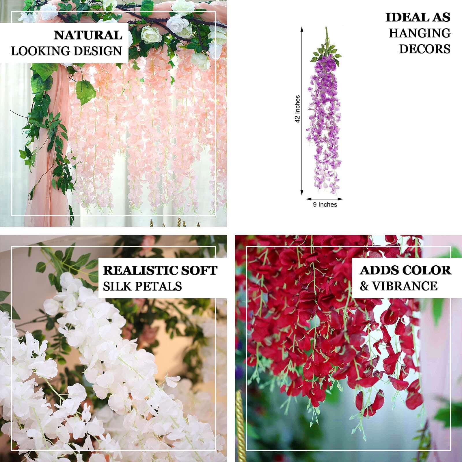 42" Silk Hanging Wisteria Flower Garland Vines in Pink, Elaborated 5 Full Strands in 1 Bush