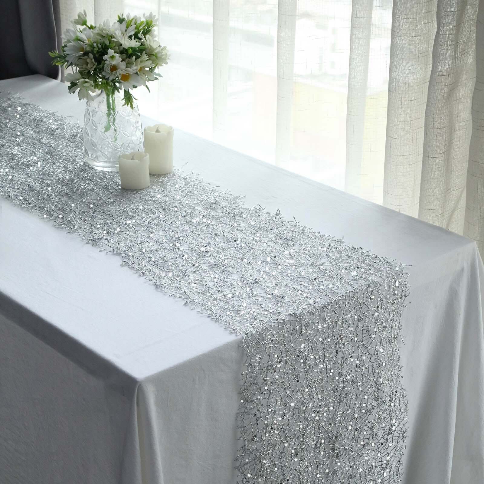 Mesh 12"x108" Table Runner Silver - Sequin Schiffli Lace Design for Stylish Celebrations