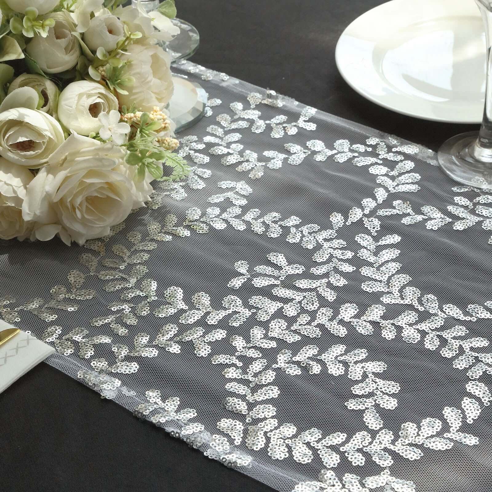 Mesh 12"x108" Table Runner Silver - Leaf Vine Embroidery