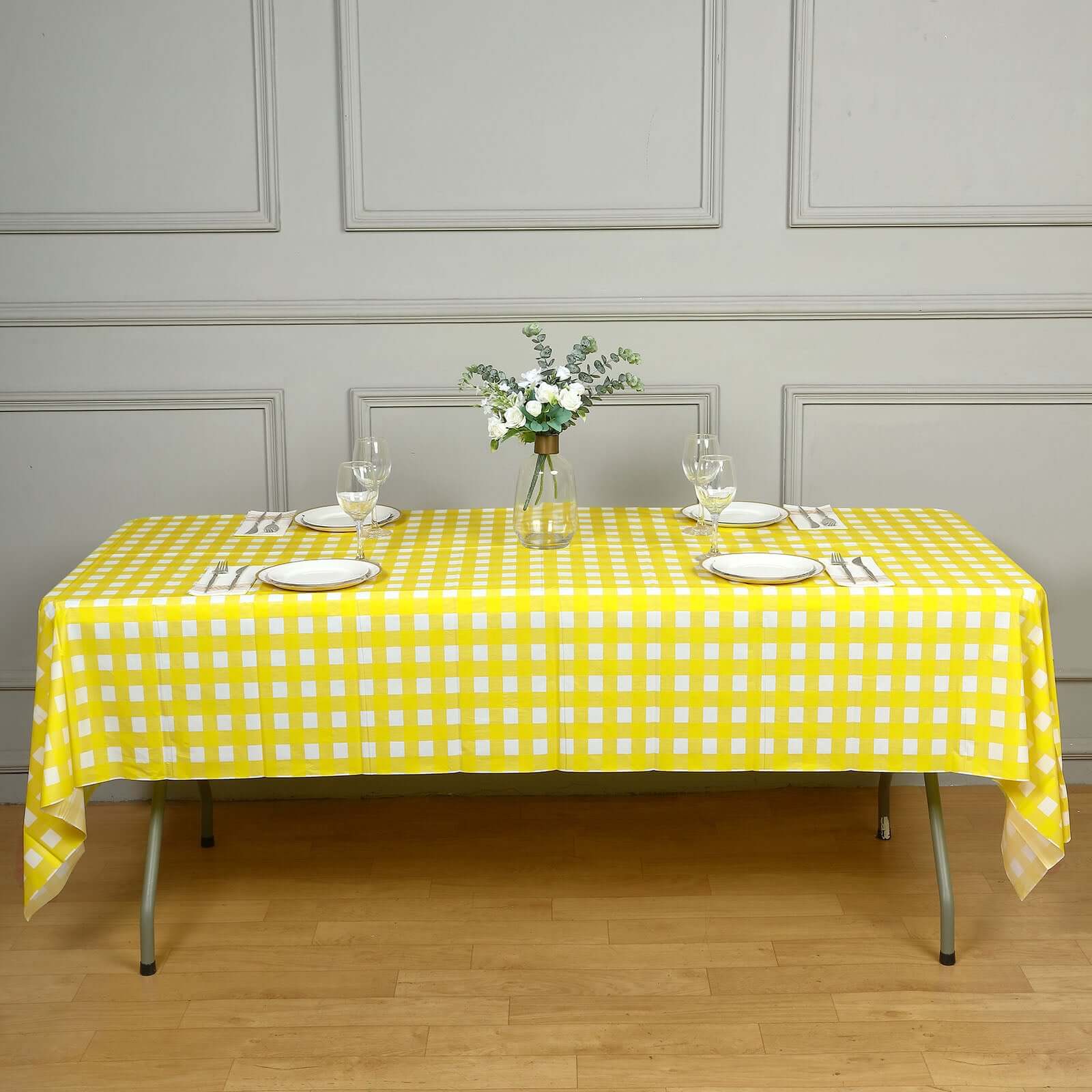 Plastic Table Cover White/Yellow Checkered Rectangle - Lightweight PVC Disposable Tablecloth 54"x108"