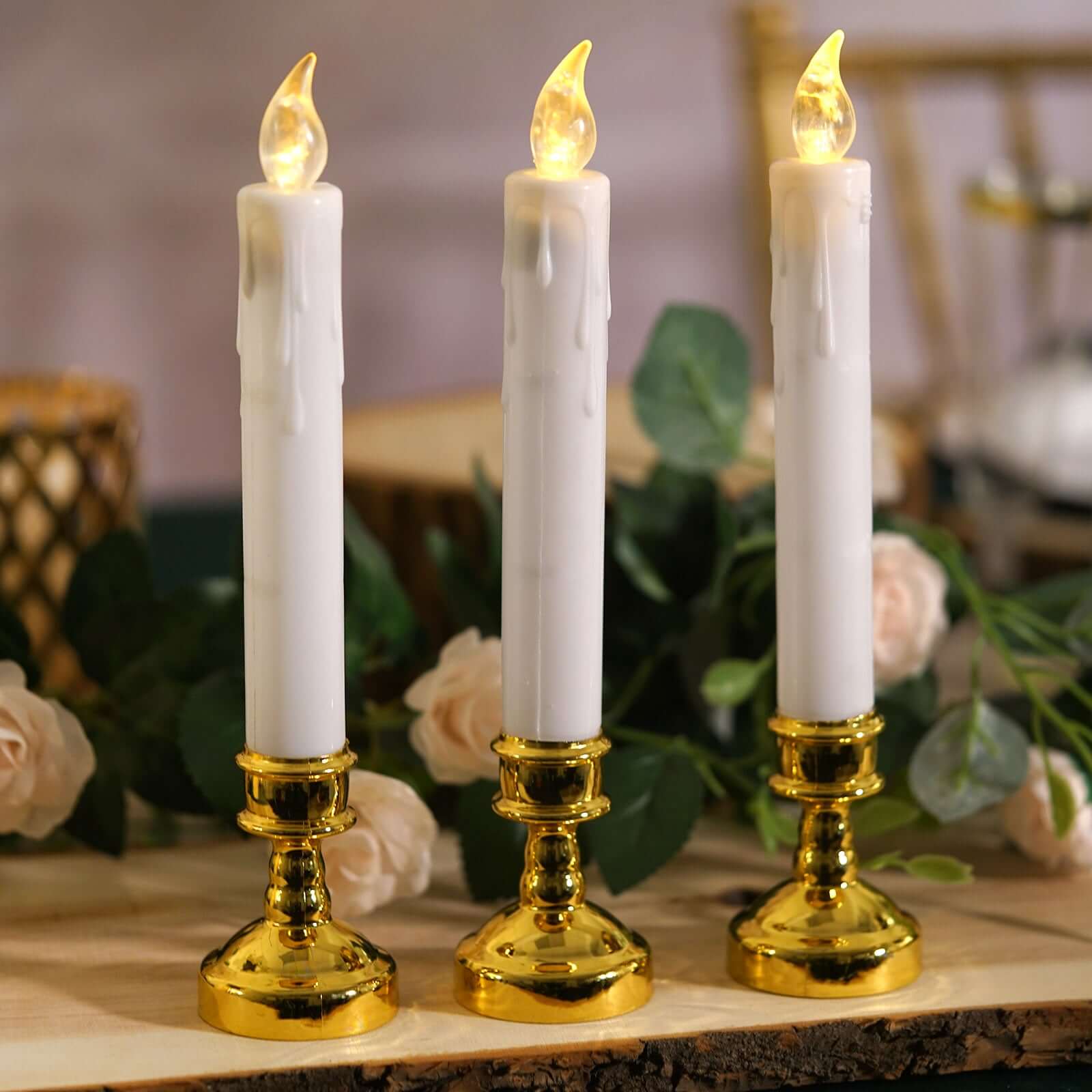 Set of 6 LED Window Candles Flickering White - Battery Operated Taper Candles with Gold Holders 10"
