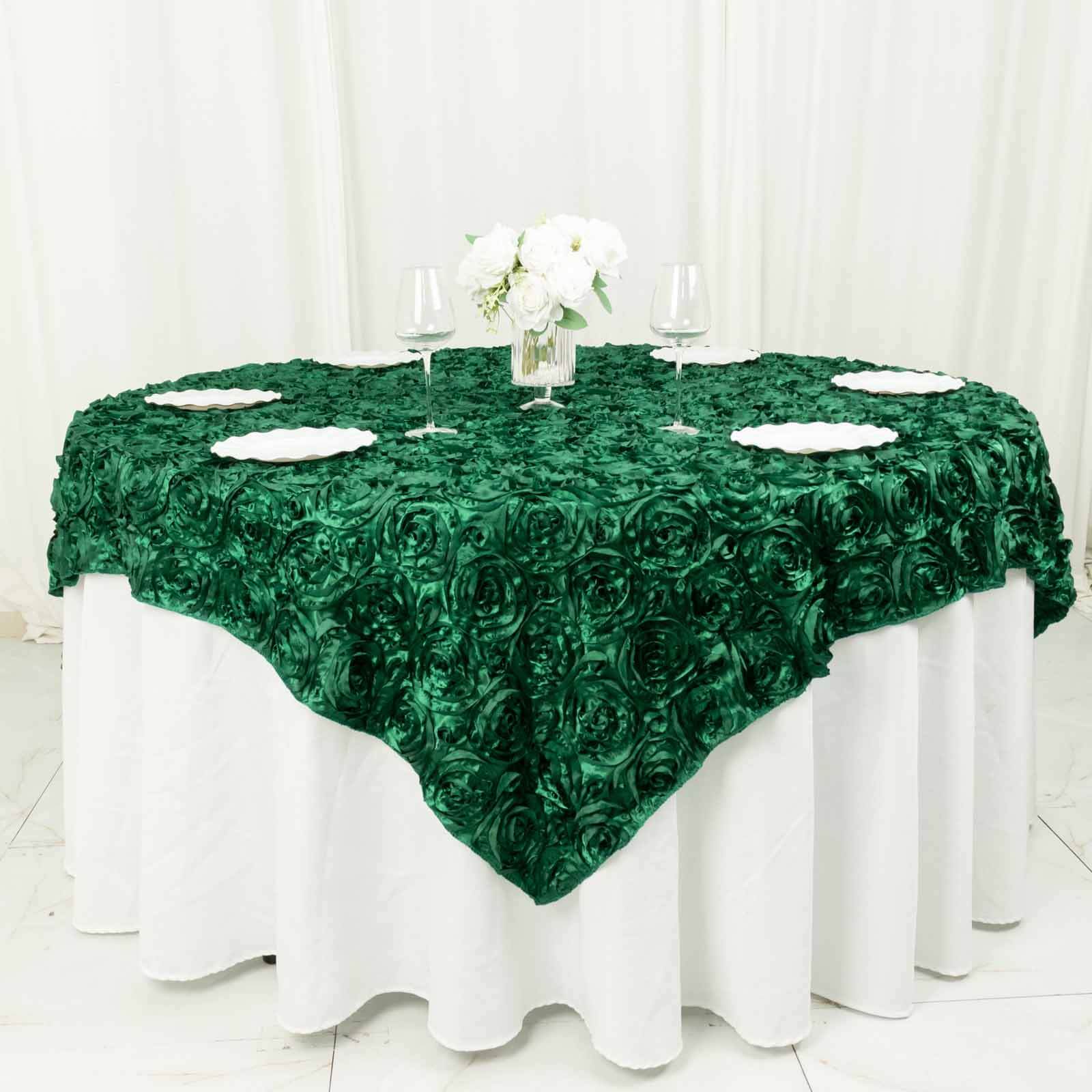 Satin 72"x72" Table Overlay Square Tablecloth Hunter Emerald Green - 3D Rosette Table Cover