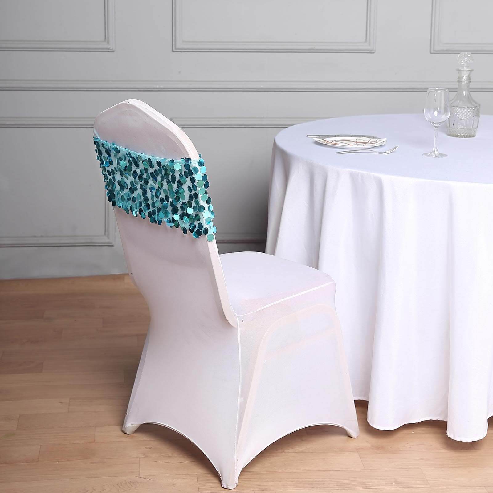 5 Pack Big Payette Sequin 13"x10" Chair Sash Bands Turquoise - Stylish Glittering Decor for Weddings & Gatherings